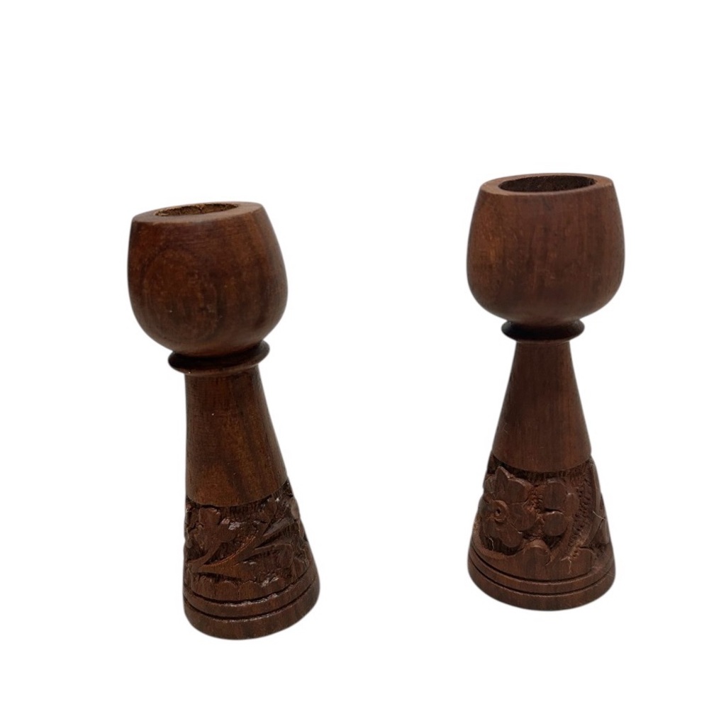Hand Carved Intricate Floral Wood Made In India 4” Candle Holders - Picture 2 of 5